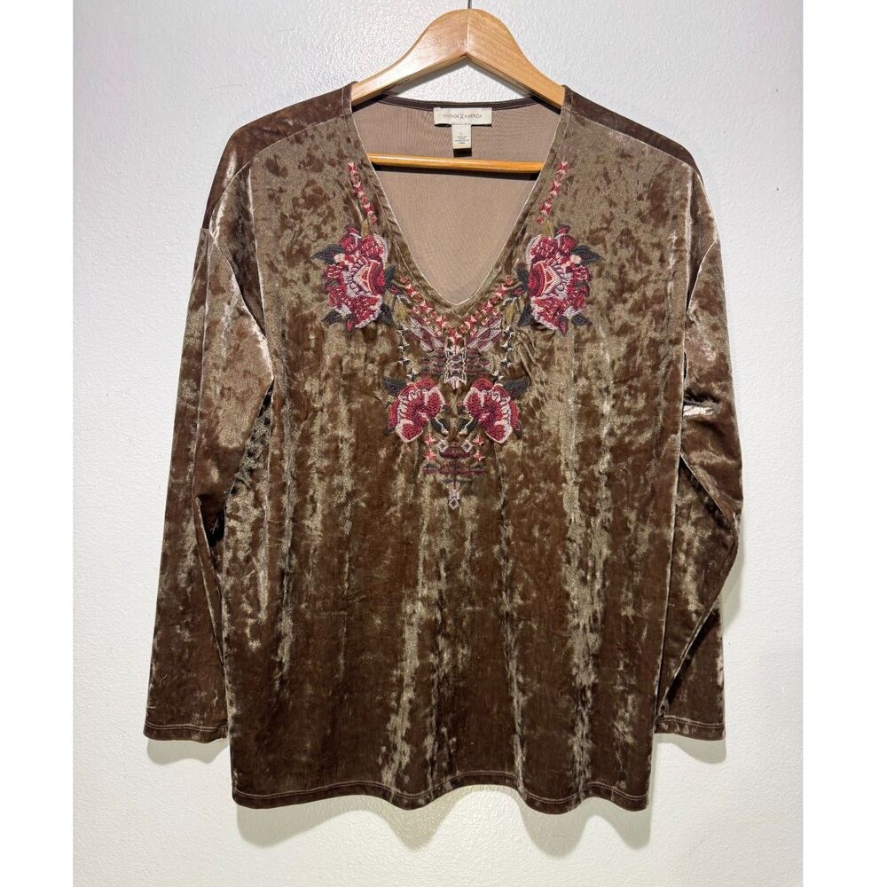 Vintage america velvet bohemian top embroidery mocha brown grunge country womenL